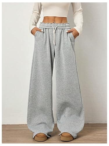 RoseSeek Women's Foldover Drawstring High Waisted Sweatpants Wide Leg Split Baggy Workout Trousers Pants thumbnail 4