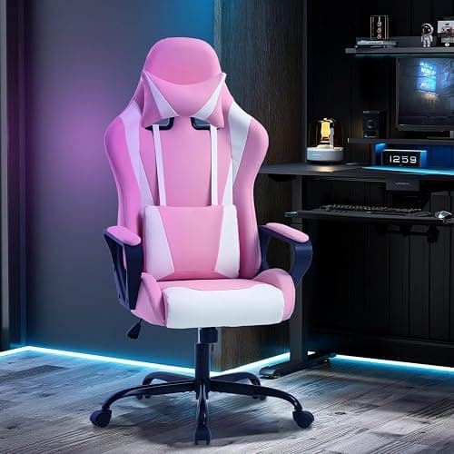 Pink Gaming Chair High-Back Office Chair Ergonomic Video Game Chairs Height Adjustable Reclining Computer Chair with Lumbar Support Armrest Headrest Swivel Chair Game Chair for Adult Teen - Pink thumbnail 2