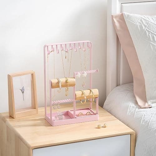 Lolalet Jewelry Holder Organizer, Aesthetic Jewelry Display Stand for Necklaces Bracelets Earrings Rings, Cute Room Décor for Teen Girls Women -Pink thumbnail 6