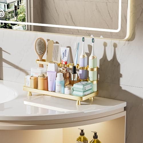 YOOLENS Electric Toothbrush Holder for Bathroom Countertop 5 Metal Slots Toothpaste Razor Mouthwash Organizer, Gold thumbnail 7