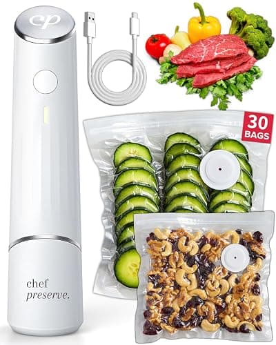 Chef Preserve Compact Vacuum Sealer for Food (Vacuum Sealer Machine + 30 Reusable Vacuum Bags) Powerful Handheld Vacuum Sealer Machine, Seal Meal Saver, Portable Food Sealer - Image 1