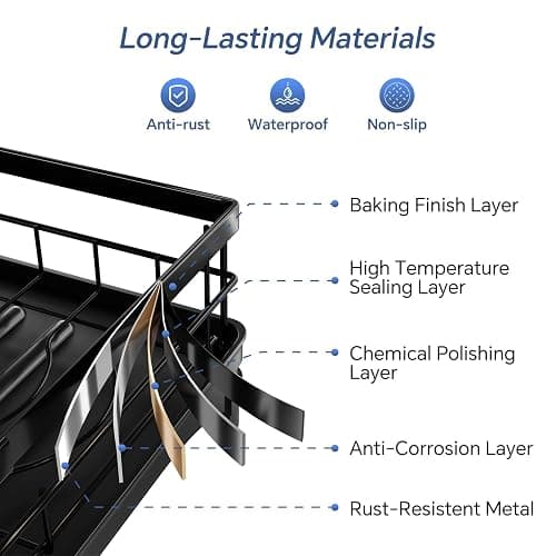 Simple Trending Dish Rack, Stainless Steel Dish Drying Rack for Kitchen Counter, Large Capacity 2-Tier Dish Drainer Organizer with Utensil Holder, Black thumbnail 3
