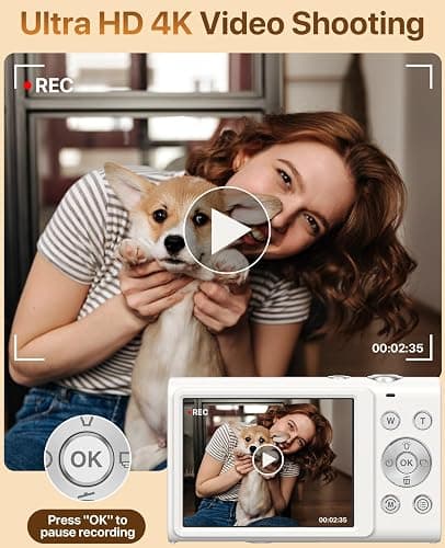 Digital Camera, 4K Vlogging Camera for YouTube Autofocus Cameras for Photography with 16X Digital Zoom, 48MP Compact Point and Shoot Digital Camera for Teens Adult with 32GB SD Card, 2 Batteries-White thumbnail 3