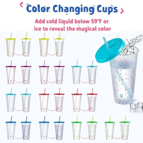 Meoky Confetti Color Changing Cups with Lids and Straws for Iced Coffee, Party, Pool - 12 Pack 24oz Reusable Plastic Tumblers for Kids and Adults thumbnail 4
