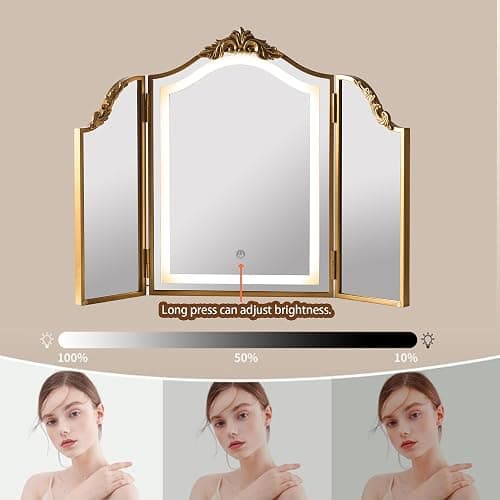 HSDDHOME Antique Gold Triple Fold Makeup Mirror with Tri-Color LED Lighting & Dimming, Baroque Carved Arch Vintage Vanity Mirror, Bohemian Decor for Bedroom/Dressing Room, 31x23 Inch thumbnail 4