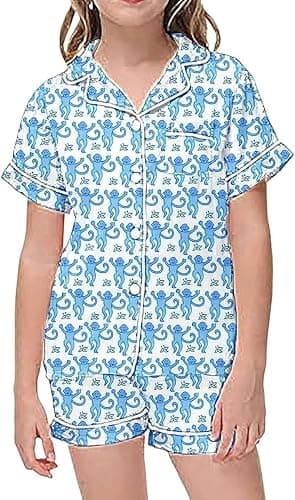 Summer Pajamas For Girls, Roller Dupes Rabbit Preppy, 2 Piece Button Down Monkey Bunny Shorts Set thumbnail 5