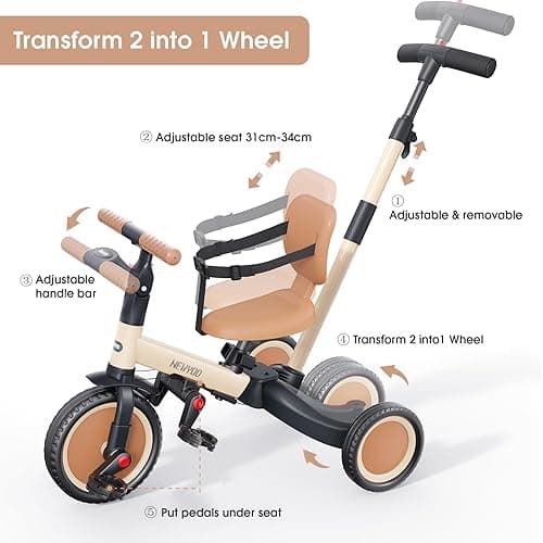 newyoo Toddler Tricycle with Push Handle for 1-3 Year Old, Toddler Bike, Birthday Gift and Toy for Boys and Girls, 5 in 1 Kids Trike, Balance Bike with Backrest and Safety Belt, Khaki, TR007 - Khaki thumbnail 5
