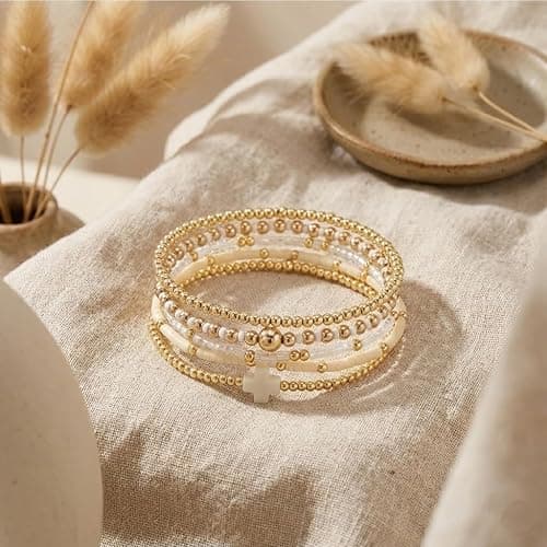 EQUBIO Gold Beaded Cross Bracelet for Women, 14K Plated Adjustable Stackable Dainty Bracelets, Non Tarnish Fashion Jewelry Set Gifts for Women Birthday Friendship thumbnail 8