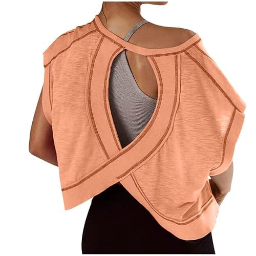 Womens Open Back Workout Tops Short Sleeve Y2k Yoga Shirts Athletic Gym Slouchy Crop Top Casual Backless Running Tees - Image 1