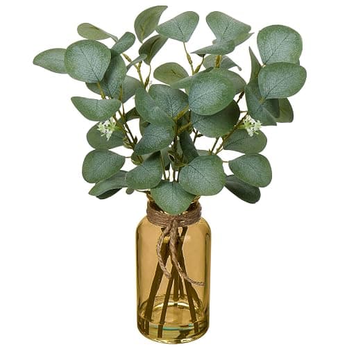 Briful Artificial Eucalyptus Stems in Amber Glass Vase with Faux Water, 14" Fake Plant Eucalyptus Leaves for Home Office Farmhouse Wedding Centerpiece Décor - Image 1