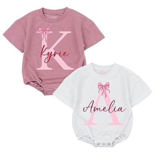 STALOFAZ Personalized Name Baby Girls Bubble Romper Cute Bows Print Newborn Bodysuit Sweater Custom First Birthday Outfit