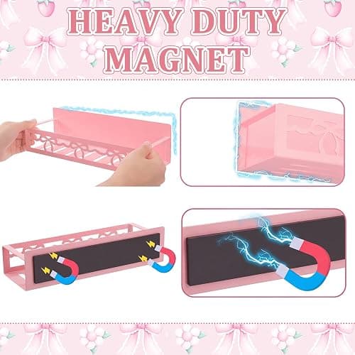 Beeveer 2 Pack Lace Bow Magnetic Spice Rack for Refrigerator Metal Magnet Basket Shelf for Fridge Seasoning Storage Organizers Home Decor Kitchen Accessories (Pink) thumbnail 3