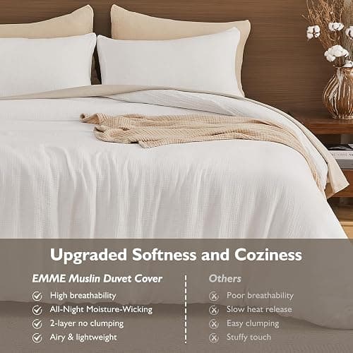 EMME Cream White Muslin Duvet Cover Queen Size, 100% Cotton Soft Gauze Bedding Set with 2 Pillowcases, Breathable Lightweight All Season Comforter Cover with Zipper & Corner Ties, 90"x90" thumbnail 4