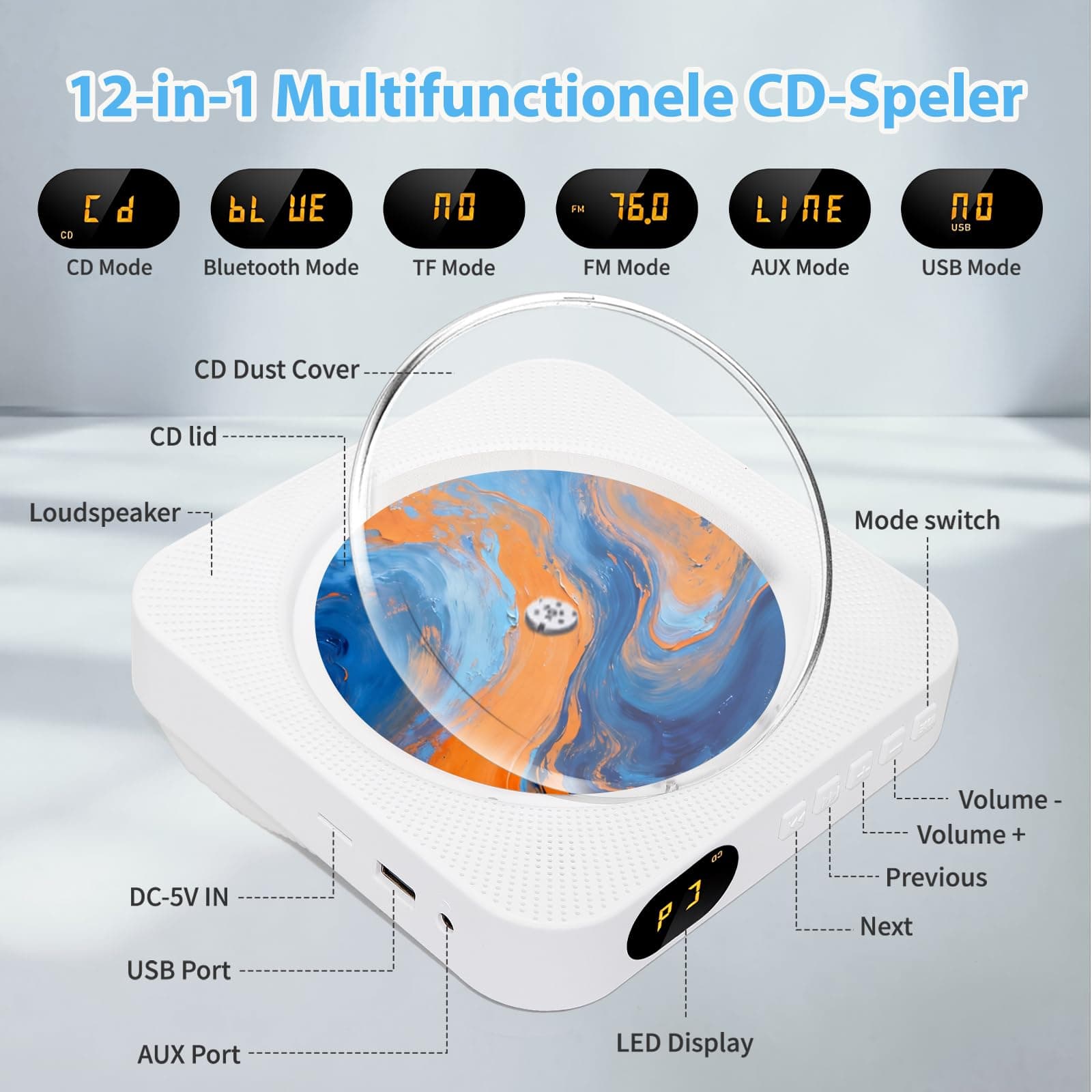Portable Bluetooth CD Player, Home Desktop CD Player, Mini Music Players HiFi Speakers, FM Radio LED Screen AUX Headphone Holes USB Port Protective Housing Remote Control (White) thumbnail 2
