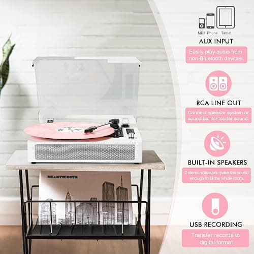 Vinyl Record Player Bluetooth with Bulit-in Speaker Extended Turntable Case | Vintage Belt-Driven 3-Speed Turntable, USB/TF Recording, Vinyl to Digital, 5 Modes on Bluetooth/USB /AUX RCA Line-Out, White thumbnail 6