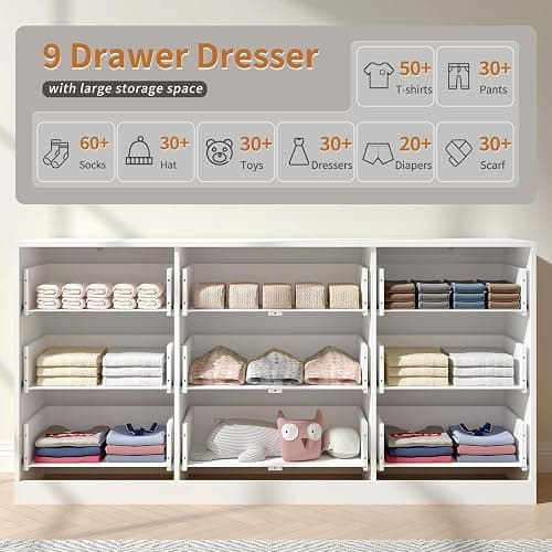 NOVAMAISON White Dresser for Bedroom with 9 Drawers, 63” Wide White Fluted Dresser Modern Chest of Drawers with Gold Handles, Wooden TV Stand Storage Organizer for Bedroom, Living Room thumbnail 8