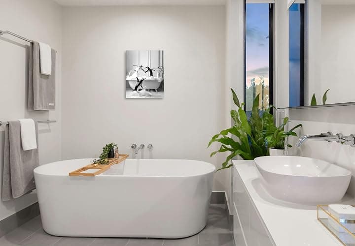 OWNANRTHM Funny Animals Bathroom Canvas Wall Art Penguin in Bathtub Wall Art Funny Animal Bathroom Painting Black and White Penguin Bathtub Pictures for Bath Restroom Wall Decor Framed 8X10 inch thumbnail 4