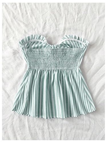 MakeMeChic Women's Striped Bandeau Shirt Bow Knot Frill Trim Ruffle Hem Shirred Summer Y2k Tube Top thumbnail 2
