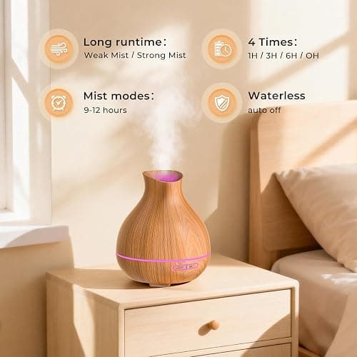 BZseed Aromatherapy Essential Oil Diffuser 550ml 12 Hours Wood Grain Aroma Diffuser with Timer Cool Mist Humidifier for Large Room, Home, Baby Bedroom, Waterless Auto Shut-off,7 Colors Lights Changing thumbnail 3