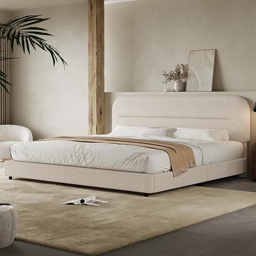 HOMBCK King Size Bed Frame, Upholstered Boucle Bed Frame King with Headboard, Soft Cloud Bed Frames with Thickened Footboard, Rounded Corners, No Box Spring Required, Easy Assembly, Cream - Image 1