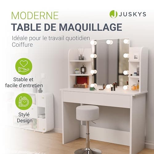 Juskys Coiffeuse Bella avec Miroir, éclairage LED, tiroir et 4 étagères, 108x40x140cm, Coiffeuse cosmétique Lumineux - Table de Maquillage pour Adulte et Enfant Fille - Blanc thumbnail 3