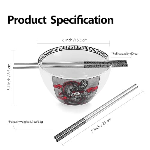 Hagary Dragon Ceramic Bowls Japanese Korean Soup Bowl Pasta Salad Dessert Serving Bowls Housewarming Wedding Gifts Designed in Korea (With Chopsticks) (Black, 20 oz - 1pc) thumbnail 2