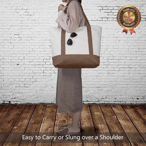 TOPDesign 1-Pack Canvas Tote Bag with an External Pocket, Reusable Grocery Shopping Bag, Top Zipper Closure, Daily Essentials (Brown/Natural) thumbnail 4
