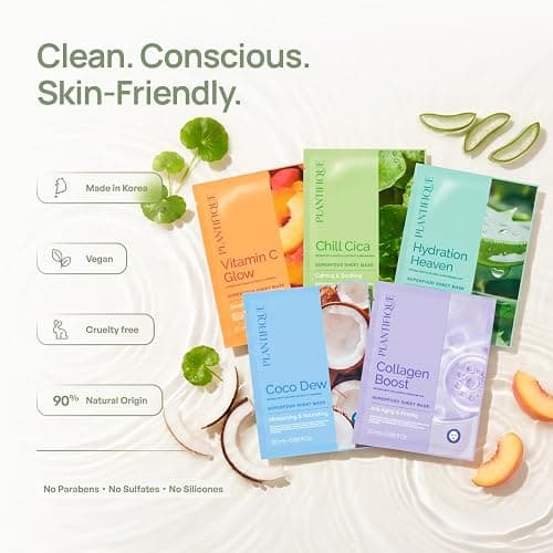 PLANTIFIQUE Korean Face Mask Skincare - Hydrating, Calming, Firming, 5 Pack | Variety Pack Sheet Masks, with Hyaluronic Acid - Aloe Vera, Peach, Coconut, Centella, Collagen & Coenzyme Q10 - Masque Visage thumbnail 7