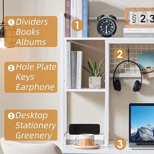 Grecodown 4-Tier Desk Hutch Shelf with Grid Panel, 36” Desktop Bookshelf for Monitor, Office & Home (White, 36") thumbnail 4