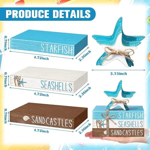 Geelin 4 Pcs Summer Beach Tiered Tray Decor Wooden Book Stack Signs, Starfish Seashell Coastal Nautical Table Centerpiece for Shelf Coffee Bar Home Kitchen Beach House Decorations thumbnail 3
