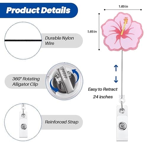 Cute Hibiscus Flower Badge Reel, Pink, Retractable ID Card Holder | Work Badge Clip for Pediatric ED ER RN CNA LPN MA PT OT Therapists HR Social Workers Nurses Doctor Teachers Nursing Student thumbnail 4