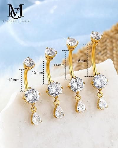 CM Crareesi Mania Belly Button Ring Dangle Belly Rings 316L Surgical Steel Belly Button Piercing Jewelry Teardrop Navel Ring for Women - Gold-CLCZ-12mm thumbnail 3
