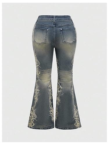 WDIRARA Women's Plus Size Goth Punk Graphic Flare Jeans Bootcut Denim Pants Streetwear thumbnail 3