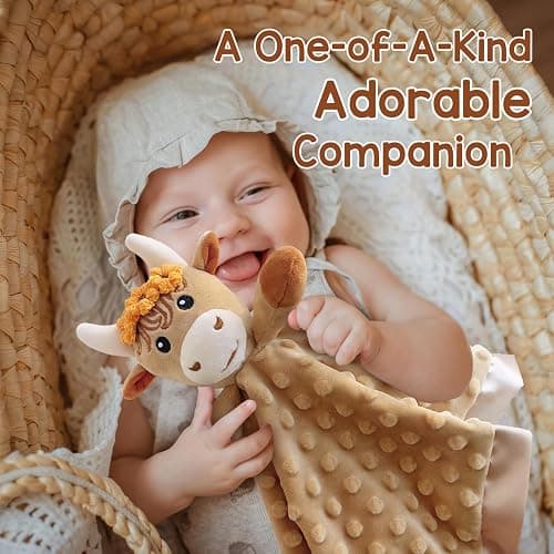 MOVEPAI Baby Security Blanket, Soft Baby Lovey Toy Blanket for Girls, Snuggle Toy Lovie Newborn Blankie, for Girl Highland Cow 16 Inch thumbnail 7