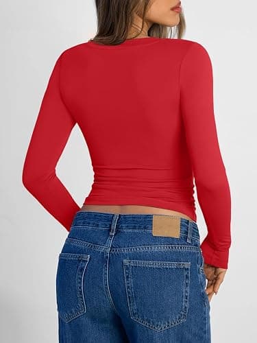 Trendy Queen Long Sleeve Shirts for Women 2025 Fall Fashion V Neck Basics Crop Tops Slim Fitted Y2K Tops Outfits Clothes thumbnail 4