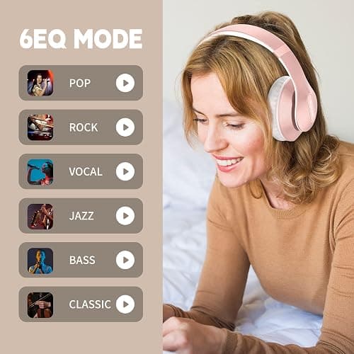 Glynzak Wireless Bluetooth Headphones Over Ear 65H Playtime HiFi Stereo Headset with Microphone and 6EQ Modes Foldable Bluetooth V5.3 Headphones for Travel Smartphone Computer Laptop Rose Gold thumbnail 5
