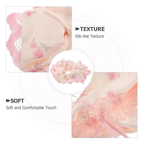 BETOOKY 2pcs Pink Lace Floral Satin Scrunchies Silk Hair Ties with Bow Knot, Stretchy Ponytail Holders thumbnail 3
