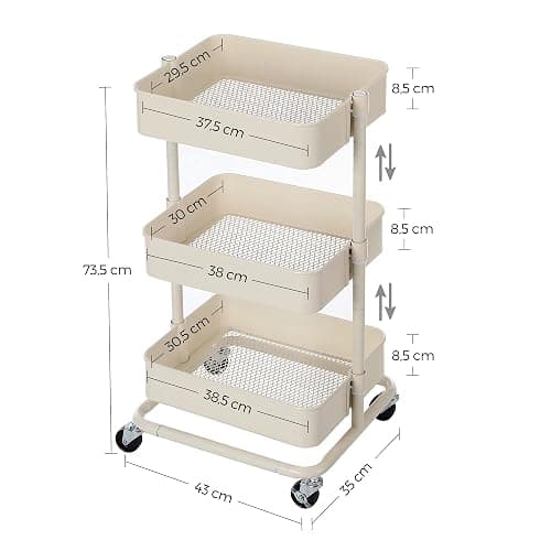 SONGMICS Chariot à 3 niveaux, Desserte, Étagère de rangement mobile, tablette réglable en hauteur, avec 2 freins, montage facile, pour salle de bain, cuisine, bureau, Blanc BSC60WT thumbnail 3