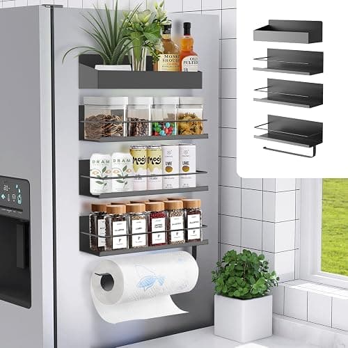 Slow Slog Magnetic Spice Rack, 4 Pack Magnetic Shelf for Refrigerator, Magnetic Refrigerator Organizer, Kitchen Space Saving, Moveable Spice Rack Organizer with Paper Towel Holder, Metal Gray - Image 1