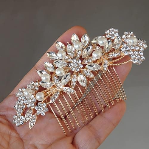 Hapibuy Crystal Wedding Hair Comb Bridal Hair Comb with Pearl Wedding Headpiece for party wear Golden Hair Accessory thumbnail 5