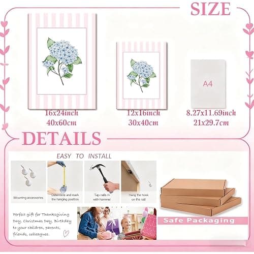 SongZest 3 Piece Blue Floral Canvas Framed Wall Art Pink Chinoiserie Art Prints Hydrangea Pictures Wall Decor Flower Aesthetic Paintings Artwork for Bedroom Bathroom Living Room 12x16in thumbnail 7