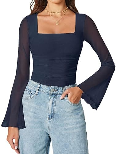 Avidlove Bodysuits for Women Long Bell Sleeve Mesh Square Neck Body Suits Going Out Ruched Bodysuit Tops Concert Outfits - Image 1