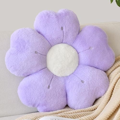 Flower Shaped Pillow, Cute Decorative Throw Pillow with Soft Artificial Rabbit Fur for Couch Bed Chair Floor, Flower Pillows Seating Cushions with Room Décor for Bedroom Living Room (14.9" Lavender) - Image 1