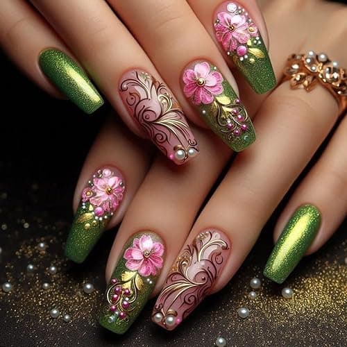 TBRZTR Flower Press on Nails Long Length Full Cover Glossy Green Stick on Nail Floral Pearl Design Ballet Shaped Gradient False Nails Reusable Artifical Acrylic Press Ons Glue on Nail for Women 24Pcs - Image 1