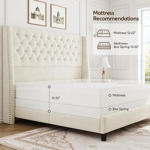 SEREINEY Queen Bed Frame with 55" Tall Headboard, Upholstered Bed Frames, Soft Fabric, Button Tufted Headboard with Windback, Platform Bed, Noise-Free, No Box Spring Needed, Beige thumbnail 4