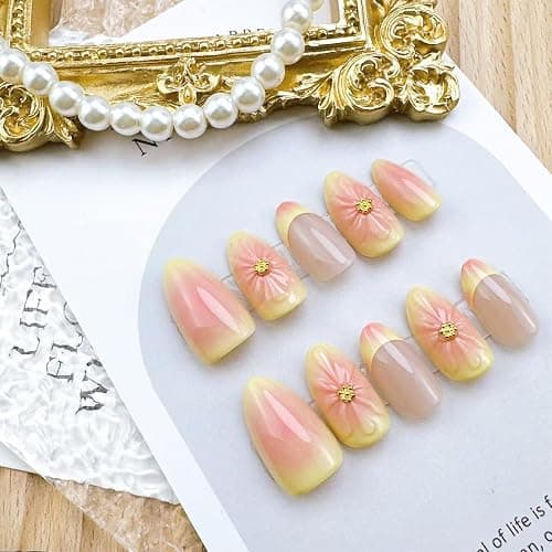 24pcs French Tip Press on Nails Short Almond Fake Nails with 3D Flower Designs Summer Floral False Nails Kit Pink Yellow Gradient Acrylic Nail Tips Full Cover Stick on Nails for Women thumbnail 2