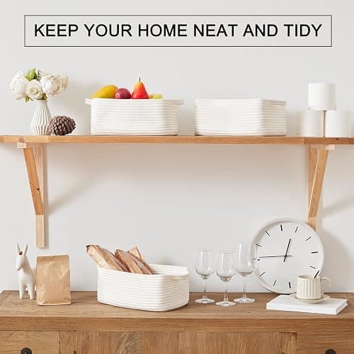OIAHOMY Cotton Rope Storage Baskets | Decorative Storage Basket for Closet Storage, Home Organizing Bins and Nursery Decor | Cotton Rope Woven Baskets for Storage Shelf, Pure and White thumbnail 3