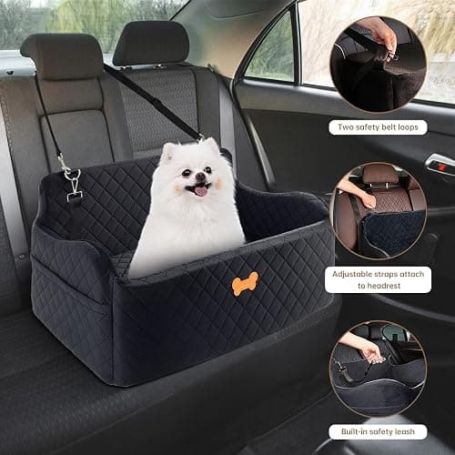 KEELUXE Car Seat for Large Size Dog, Booster Seat for Dogs Under 55 lbs or 2 Small Dogs, Soft Car Dog Bed Filling in Thick Memory Foam with 2 Safety Leashes and Storage Pocket (Black) thumbnail 7