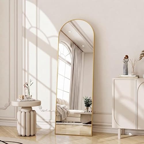 POMILER Arched Full Length Floor Mirror with Gold Aluminum Frame, 56"x15" | HD Tempered Glass, Wall or Floor Mount, Distortion-Free Reflection, Float Glass & Alloy, Multiple Display Options - Image 1