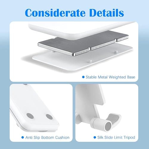 HZZADZXW Cell Phone Stand, Adjustable Angle and Height Cell Phone Holder for Desk, Foldable and Portable, Anti-Slip Silicone Pad, Compatible with All Mobile Phones and 4-8 Inch Devices, White thumbnail 8